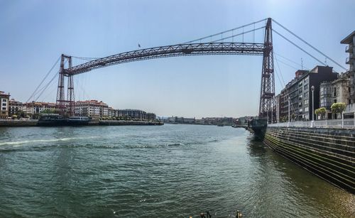 Bridge over river against sky in city