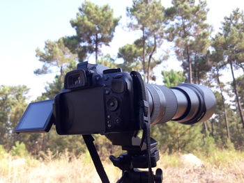 Close-up of camera on field against trees