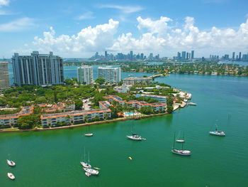 Aerial view of city at waterfront against cloudy sky