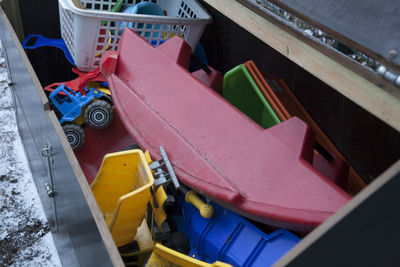 High angle view of multi colored umbrellas on table