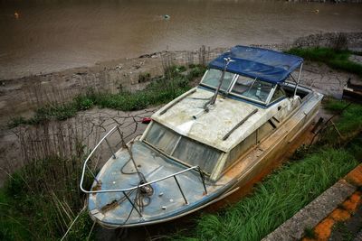 High angle view of abandoned boat in river