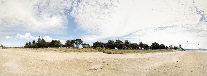 Panoramic shot of trees on field against sky