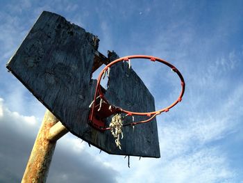 Low angle view of damaged basketball hoop