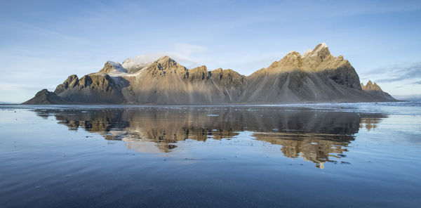 Panoramic view of lake and mountains against sky