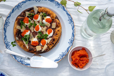 High angle view of breakfast on table