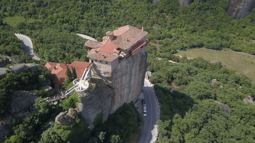 High angle view of trees and buildings