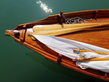 High angle view of boat moored on lake