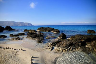 Scenic view of sea against clear blue sky