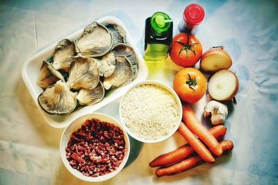 High angle view of eggs in bowl on table