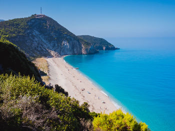 Scenic view of bay against clear blue sky