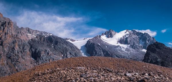 Panoramic view of snowcapped mountains against sky