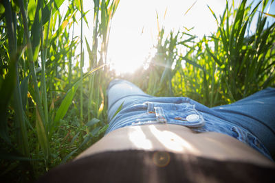 Low section of woman lying on grass