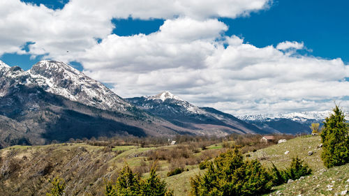 Scenic view of snowcapped mountains against sky