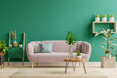 Potted plant on table against wall at home