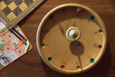 High angle view of toy on wooden table