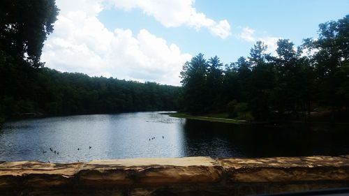 Scenic view of lake against cloudy sky