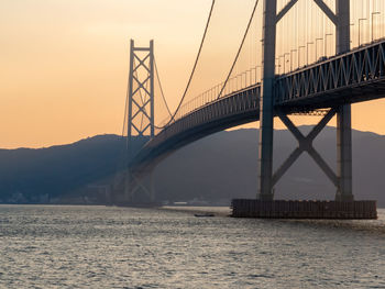 Suspension bridge over river during sunset