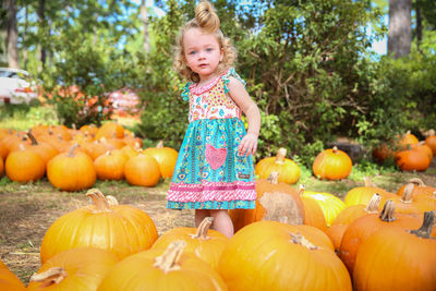 Portrait of cute girl standing by pumpkins on field during autumn