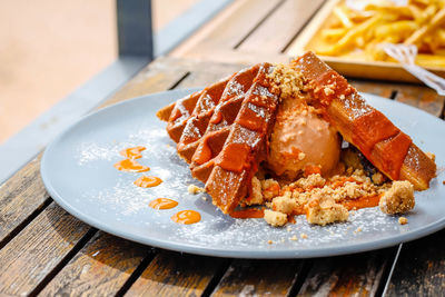 High angle view of food in plate on table