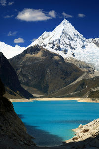 Scenic view of lake and snowcapped mountains against sky 