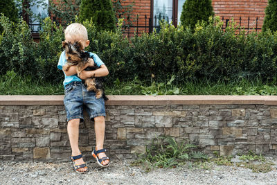Boy with yorkshire terrier dog puppy. cute baby boy hugs york terrier puppy and siting 