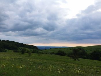 Countryside landscape against cloudy sky