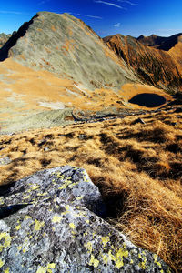 Scenic view of landscape against mountains during sunny day