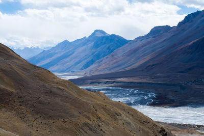 Scenic view of mountains against cloudy sky