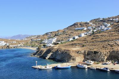Scenic view from the aegean sea against the landscape of mykonos 