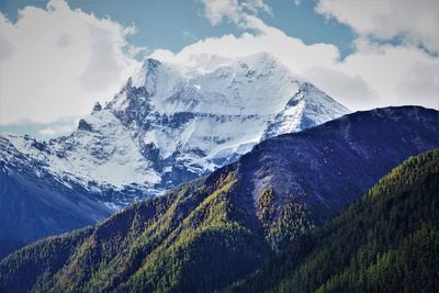 Scenic view of snowcapped mountains against sky