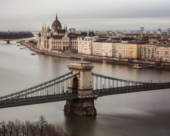 Bridge over river with city in background