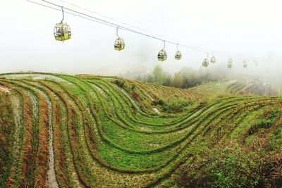 Cable cars over agricultural landscape against sky