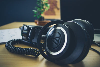 Close-up of camera on table