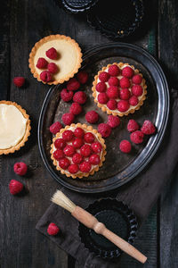 Directly above shot of tarts in tray on table