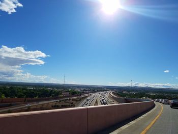 Aerial view of highway against blue sky