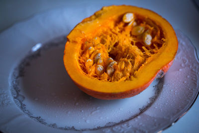 High angle view of pumpkin in bowl