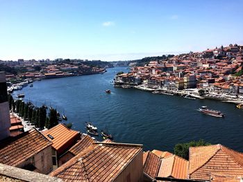 High angle view of houses by river against sky