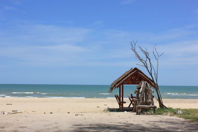 View of calm beach against blue sky