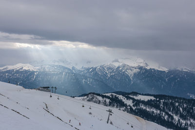 Scenic view of snowcapped mountains against sky during winter