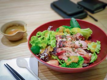 High angle view of meal served on table