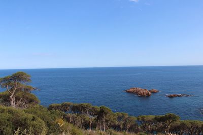 Scenic view of sea against clear blue sky