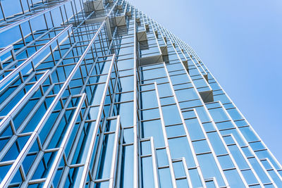 Low angle view of modern building against clear blue sky