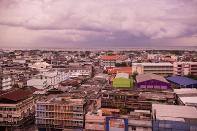 High angle view of townscape against sky during sunset
