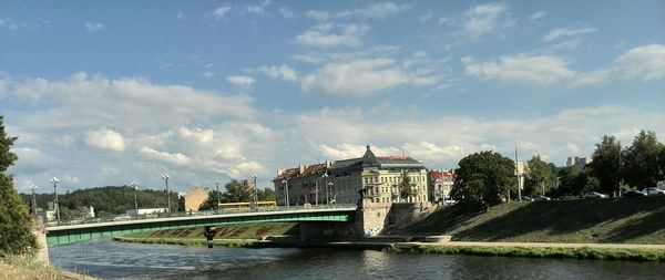 Bridge over calm river against buildings