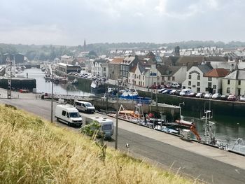 High angle view of harbor against sky