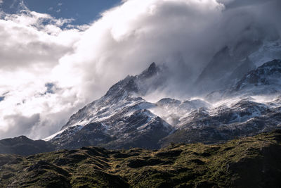 Scenic view of snowcapped mountains against sky