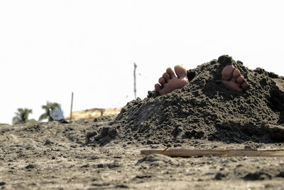 Close-up of person on sand against clear sky