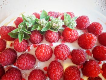 High angle view of raspberry cake