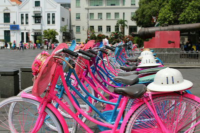 View of bicycles parked on street