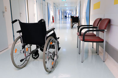 Wheelchair in the hospital hall. hospital interior
